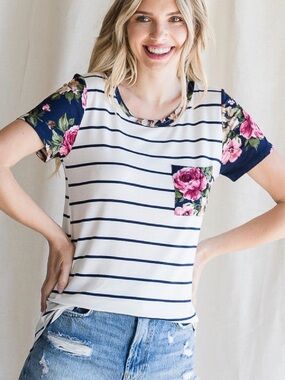 Striped Navy & White Floral Sleeve Pocket Tee - Women